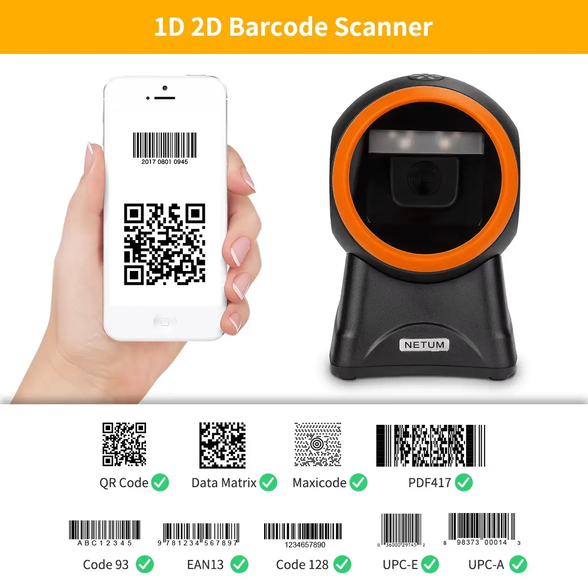 NT-2050 Omnidirectional Hands-Free QR BarCode Scanner NETUM NT-2050M/NT-2055L Omnidirectional Hands-Free QR Scanner, USB Wired 1D&2D BarCode Reader ; Plug and Play ;  Auto Recognize Keyboard Language ; USB Interface ; Rotatable ; Vast Decode Capability | BLACK