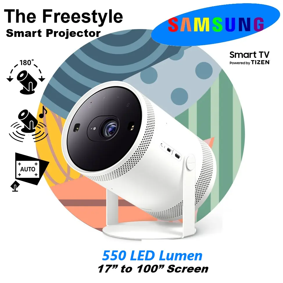 SP-LSP3BLA Freestyle FHD HDR Smart Portable Projector The Freestyle by Samsung ,  FHD HDR Smart Portable Projector for Indoor and Outdoor Home Theater ; 550 LED Lumen ; Big Screen Experience 30" - 100" & 180° Dynamic Angle ; with Premium 360° Sound ; Alexa Built-In  ; Smart TV  | WHITE SP-LSP3BLA