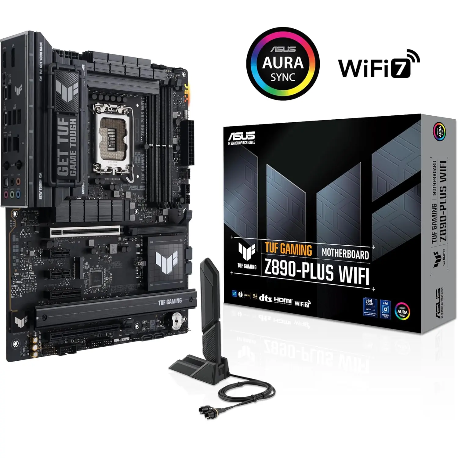 90MB1IQ0-M0AAY0 TUF GAMING Z890-PLUS WIFI DDR5 motherboard ASUS TUF GAMING Z890-PLUS WIFI Z890 LGA 1851 ATX motherboard, Intel® Core™ Ultra Series 2 Ready, Advanced AI PC-ready, 16+1+2+1 stages, DDR5, PCIe® 5.0, Thunderbolt™ 4 Type-C®, 4x M.2, Wi-Fi 7, 2.5Gb