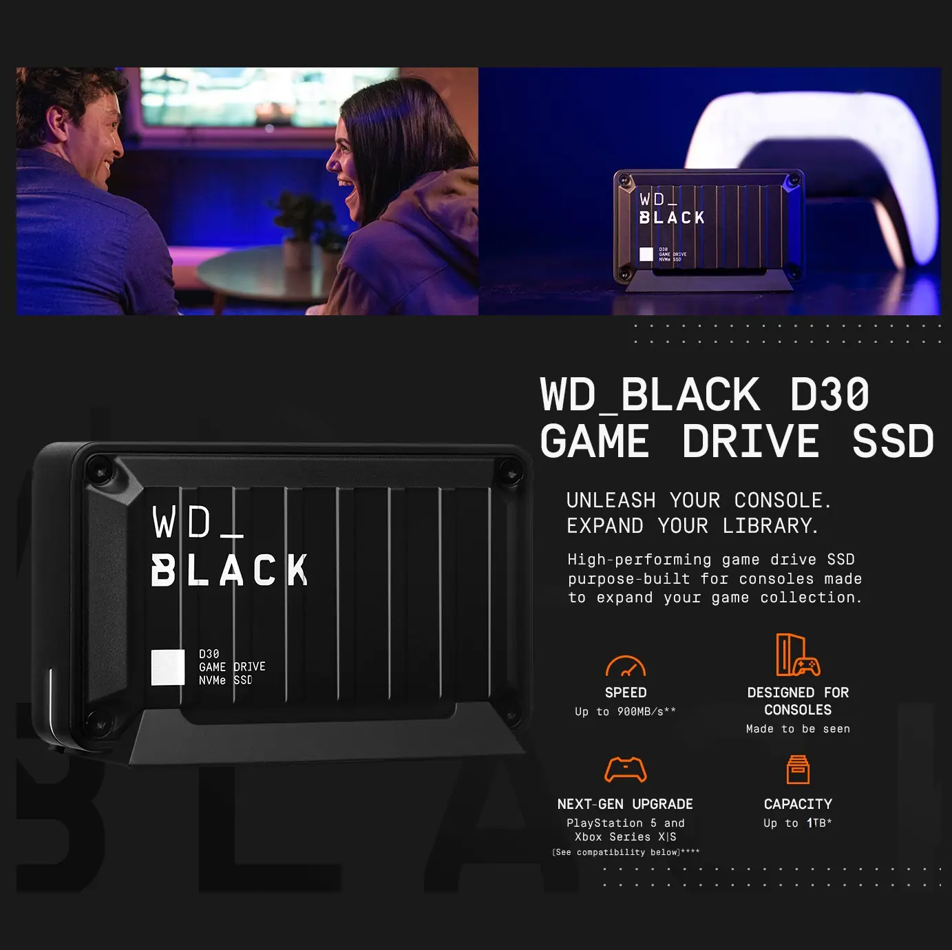 WDBATL0010BBK-WESN 1TB D30 Game Portable SSD Type-C 900MBs WD_BLACK  1TB D30 Game SSD - Portable External Solid State Drive , USB 3.2 Gen 2 (Type-C) , Compatible with Playstation, Xbox, & PC, Up to 900MB/s - WDBATL0010BBK-WESN