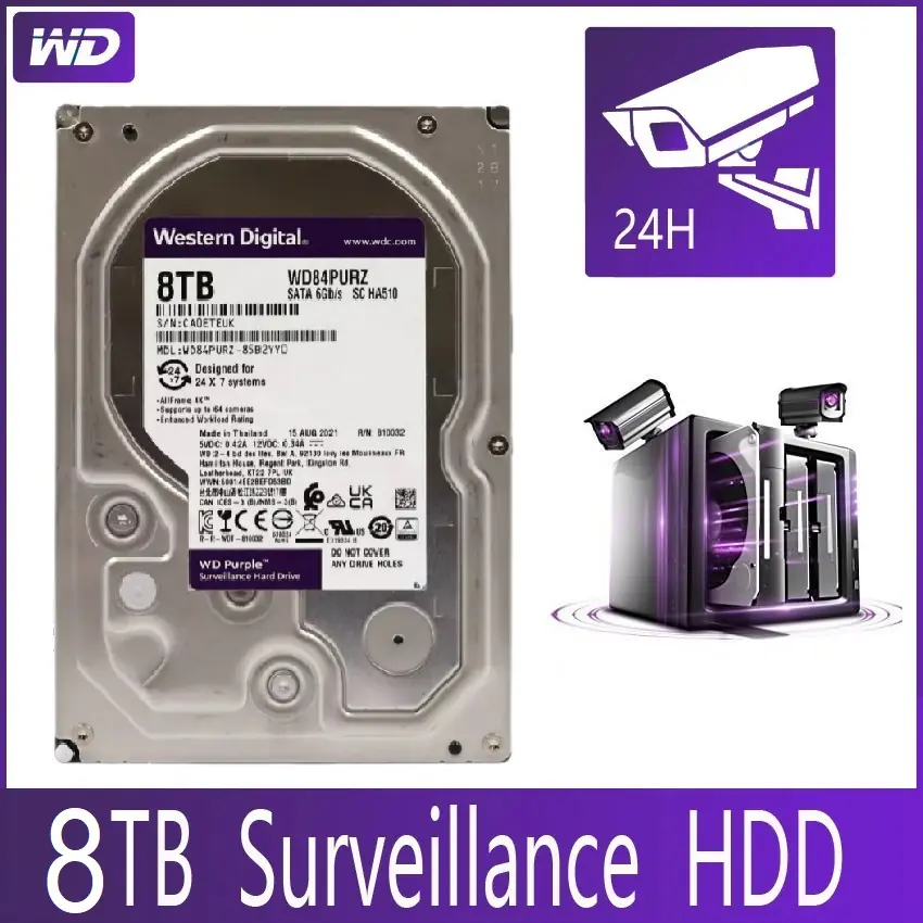 WD84PURZ-85B2YY0 Western Digital Purple 8TB HDD Surveillance Western Digital Purple 8TB Surveillance Hard Disk Drive - 5400 RPM Class SATA 6 Gb/s 256MB Cache  3.5 Inch - Designed for 24x7 Systems - Supports up to 64 HD CCTV Cameras | WD84PURZ