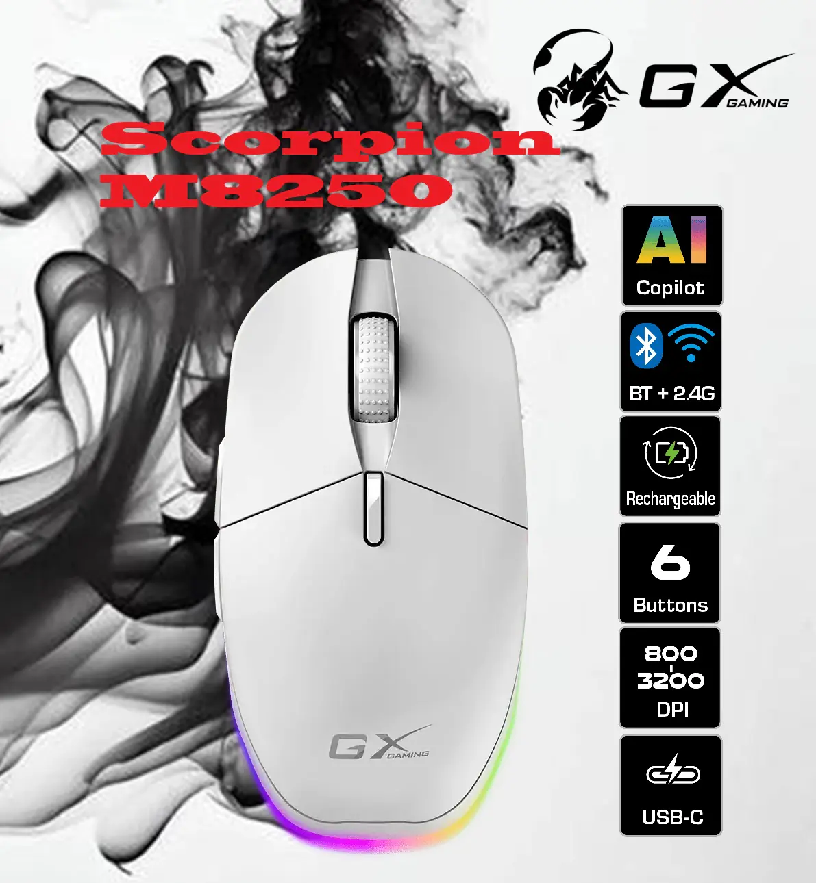 SCORPION-M8250-W Wireless and Bluetooth White RGB Gaming Mouse Genius Scorpion M8250 Wireless 2.4GH Bluetooth Rechargeable Gaming Mouse with LED, Dual Mode (Bluetooth 5.0 & 2.4GHz) , RGB Backlighting, Adjustable DPI (800-3200), AI Copilot Key, USB-C Charging, for Gaming and Work | WHITE