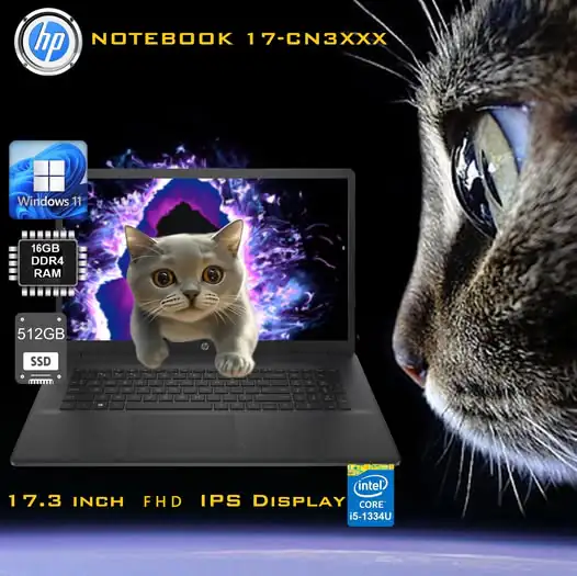 B12U2U8R#ABA HP NOTEBOOK i5-1334U 17 inch Display 16GB RAM HP NOTEBOOK 17-CN3XXX Intel Core i5-1334U | 16GB DDR4 RAM ; 512GB SSD NVMe | 17.3 inch FHD IPS Display | Windows 11 | Black ~ Factory Refurb