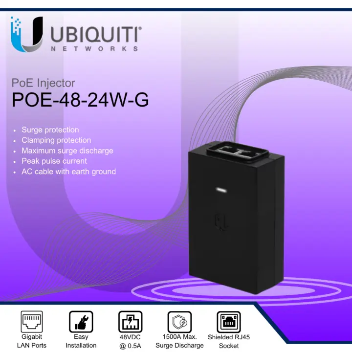 AD-UBIQUITY-48V Ubiquiti DC 48V POE Injector Ethernet Adapter Ubiquiti DC 48V 0.5A Wall EU Plug POE Injector RJ45  Ethernet Adapter Supports IP Phone Camera Switch Power Supply ; Gigabit LAN port RJ45 shielded socket ; Surge Protection | BLACK