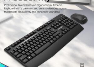 Enhanced Productivity: ProCombo-14 combines an ergonomic multimedia keyboard with a palm rest and an ambidextrous mouse that boosts productivity and enhances your desk. ⌨️Wireless Freedom: Get a stable and secure wireless connection up to 10 meters away with this wireless keyboard and mouse combo.
