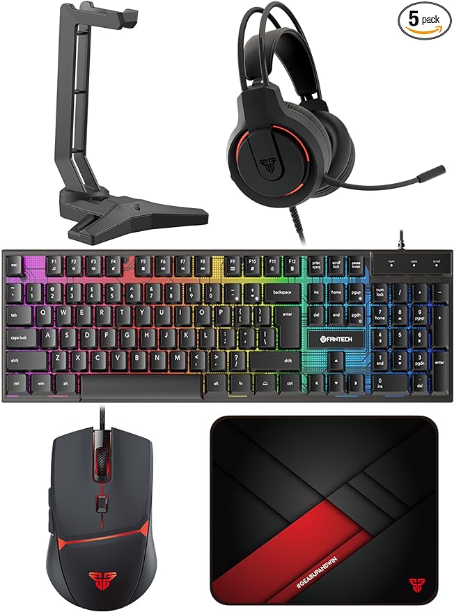 Fantech P51 5 in 1 Power Bundle : Flash HQ53 Headset , Tower II AC304 Headset Stand , Shikari K515 Gaming Keyboard , Vigil MP356 Mousepad , Crypto VX7 Gaming Mouse