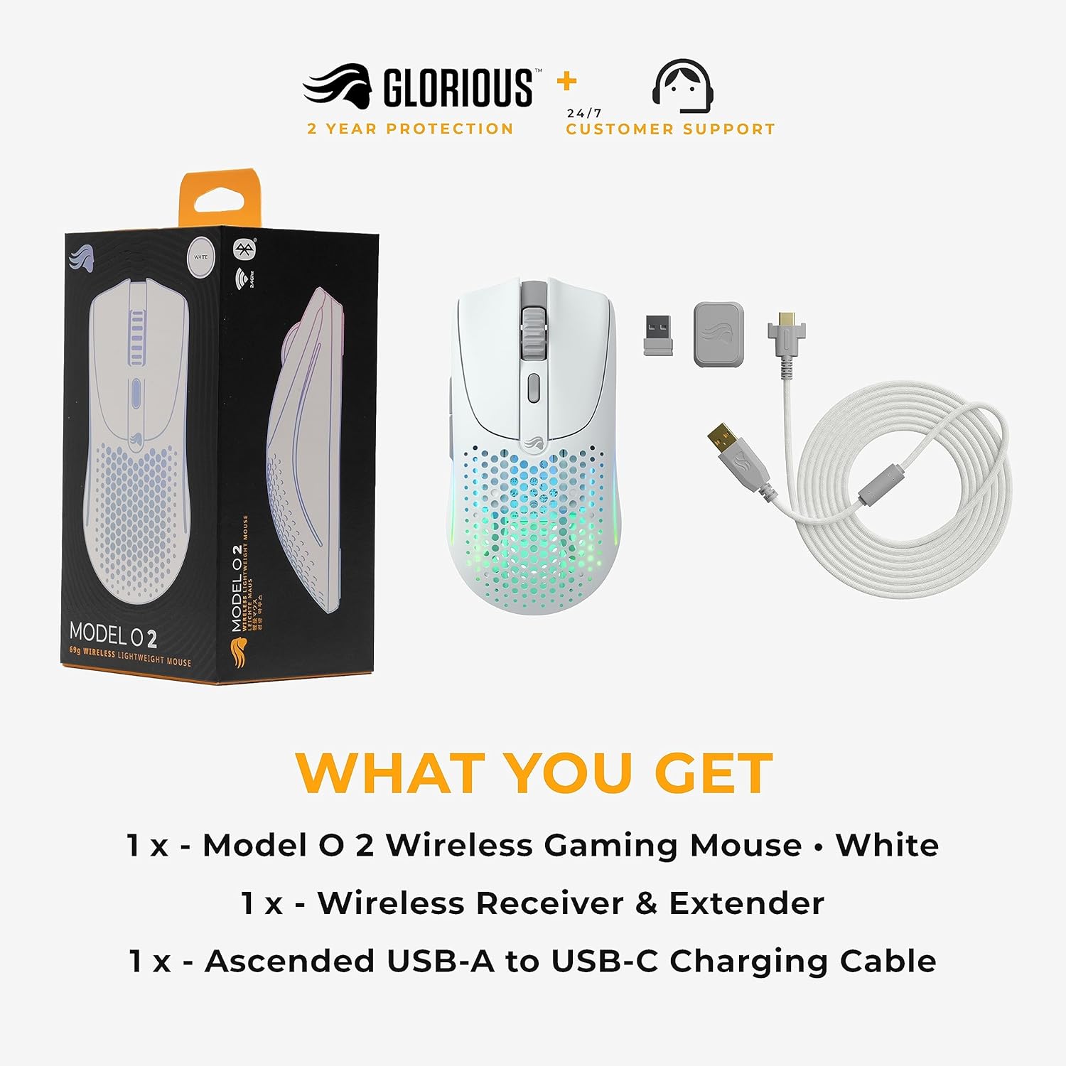Glorious Model O 2 , Wireless Gaming Mouse (White) Triple Mode , 2.4GHz, Bluetooth, USB-C, 26K DPI Sensor, 210h Battery Life, 6 Programmable Buttons, Gaming Accessories for PC, Laptop, Mac Glorious Model Wireless Gaming Mouse White