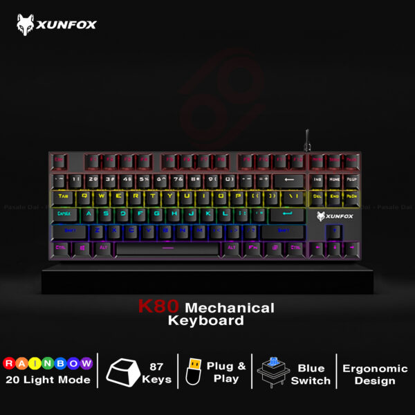 XUNFOX K80 Mechanical Gaming Keyboard, Blue/Red Switch Mechanical Keyboard Wired with 87 RGB Backlit Keys for Gaming