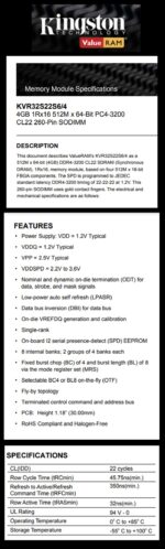 Kingston ValueRAM 4GB 3200MT/s DDR4 Non-ECC CL22 SODIMM 1Rx16 1.2V KVR32S22S6/4 Laptop Memory