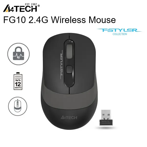 🧠 Expert Features Stable 2.4GHz Wireless Connectivity Experience lag-free performance with advanced 2.4GHz wireless technology—offering reliable, interference-free use within a 10 to 15-meter range. Triple DPI Switching (1200 / 1600 / 2000 DPI) Whether you're browsing, working, or gaming, switch on-the-fly between three precision levels to match your workflow or playstyle. Auto Power Saving with 4-Level Sleep Mode Goes into sleep mode in just 0.2 seconds of inactivity to conserve power—battery life that's made to last. On/Off Switch for Maximum Control Full power in your hands. Literally. Manually shut it off when not in use to squeeze every drop out of the AA battery. Anti-Slip Grip Design Ergonomic and ambidextrous with anti-slippery textured sides for all-day comfort and control—even during marathon sessions. Nano USB Receiver Plug it, forget it. The tiny receiver ensures quick pairing and ultra-portable use with laptops and desktops. Durable 5 Million Click Lifecycle Engineered for endurance—backed by a high-quality build rated for 5 million clicks. Windows 10/11 Compatible Plug-and-play performance on modern systems. No drivers, no drama. 📊 Expert Specs Feature Details Model FG10 / FG10S Type Wireless Connection 2.4GHz Operating Range 10–15 meters Ergonomic Design Symmetric Sensor Type Optical DPI Levels 1200 / 1600 / 2000 Report Rate 125Hz Buttons 4 Receiver Type Nano USB Dimensions 108 × 64 × 35 mm Weight (w/ Battery) 88g Battery Type 1x AA Alkaline Battery Power Saving Auto 4-Level Sleep Mode Switch Physical On/Off Switch Click Lifecycle 5 Million Clicks OS Compatibility Windows 10 / Windows 11