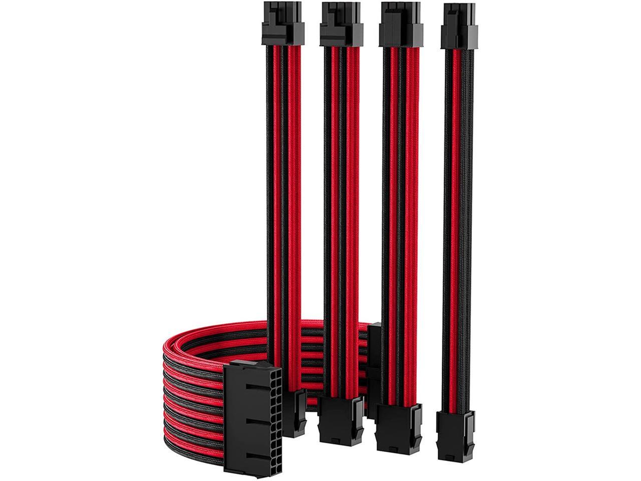 Black Red PSU Sleeved Cable, PC Power Supply Cable Extensions Kit with Combs, 18AWG 24 Pin ATX, 8 to 4+4 Pin EPS, Dual 8 to 6+2 Pin PCIE, 6 Pin PCIE, 30CM