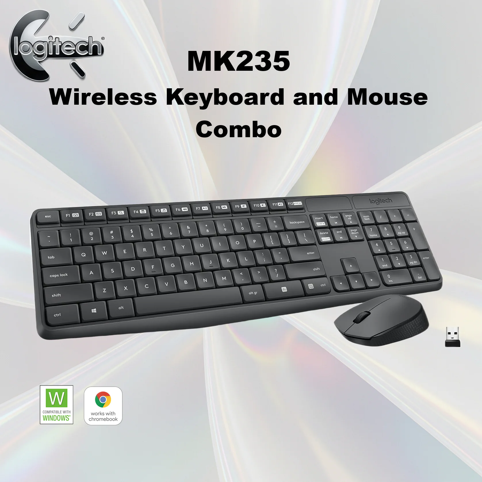 Logitech MK235 Wireless Keyboard and Mouse Combo , USB 2.4GHz Receiver, Long Battery Life, Spill-resistant , Tilt Legs ,  10-Key Number Pad , Smooth Optical tracking , Supports & ChromeOS | BLACK