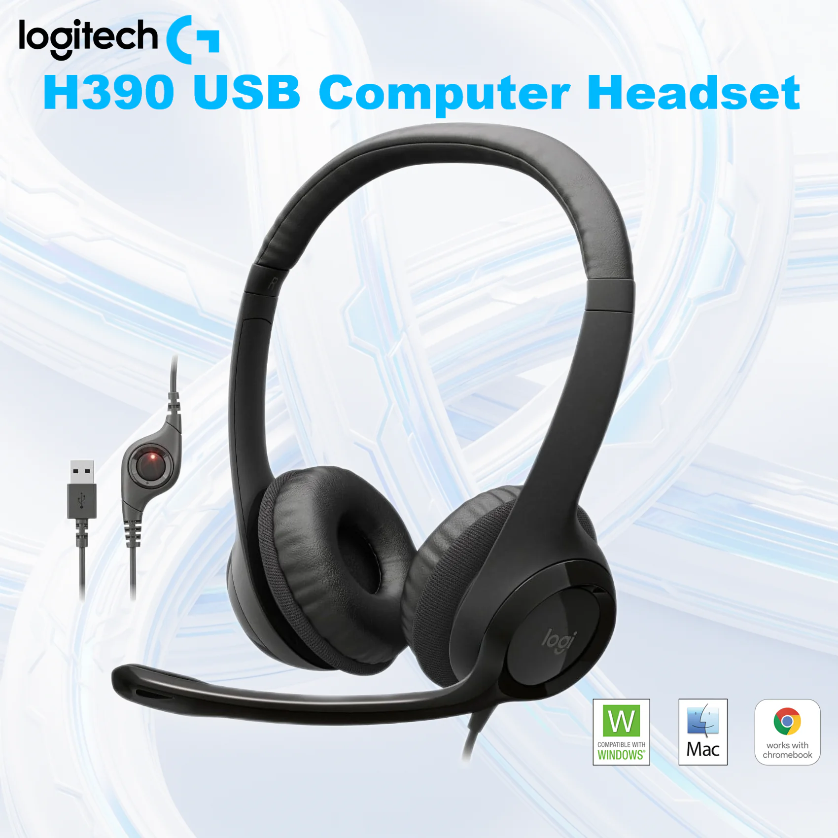 LOGITECH HEADSET H390 WIRED BLACK Logitech H390 USB Computer Headset With Digital Stereo Sound, 30mm Drivers, Noise-Canceling Rotating Microphone, Inline Volume & Mute Controls, Leatherette Cushions, Plug-And-Play USB Connection, PC/Mac/Laptop | Black 
