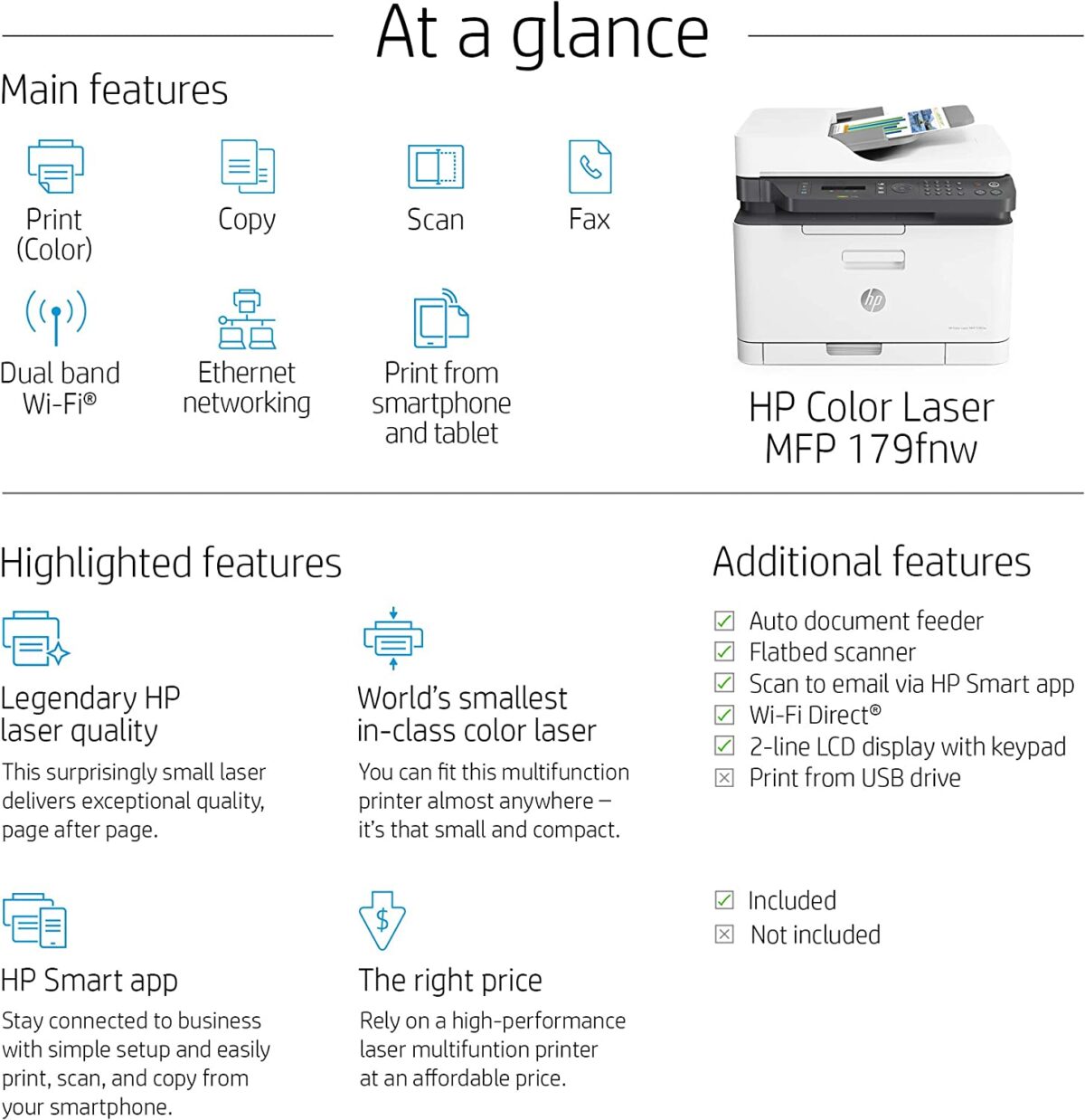 HP Color Laser MFP179fnw Wireless All in One Laser Printer with Mobile Printing & Built-in Ethernet, Works with Alexa (4ZB97A)