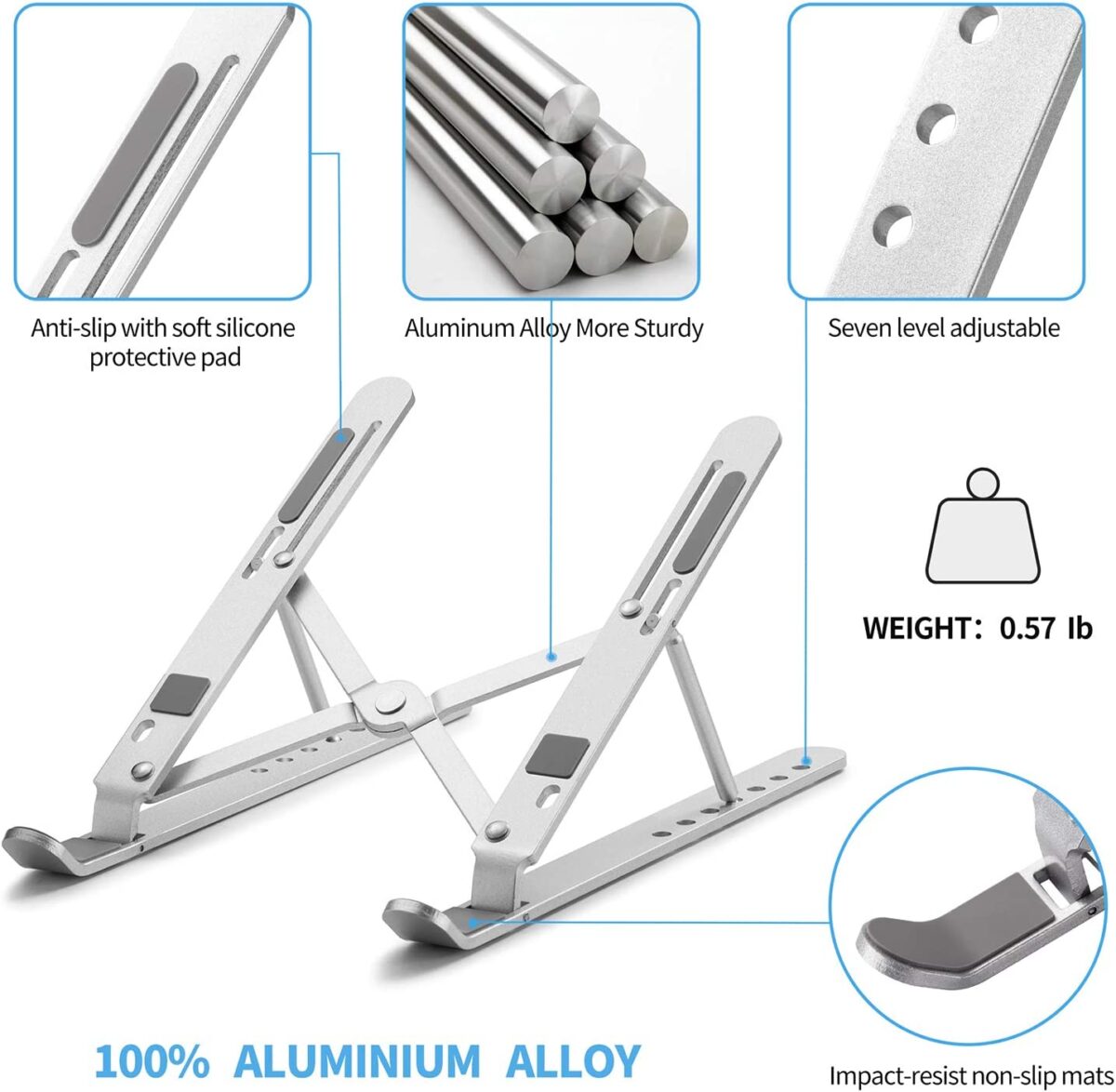 Ultra Compact Laptop Riser Stand | 6 Levels of Height Adjustable Portable Laptop Holder for Desk | Aluminum Foldable Laptop Riser, Compatible with  ALL Laptops up to 17.3 Inch Size | Silver - Image 7