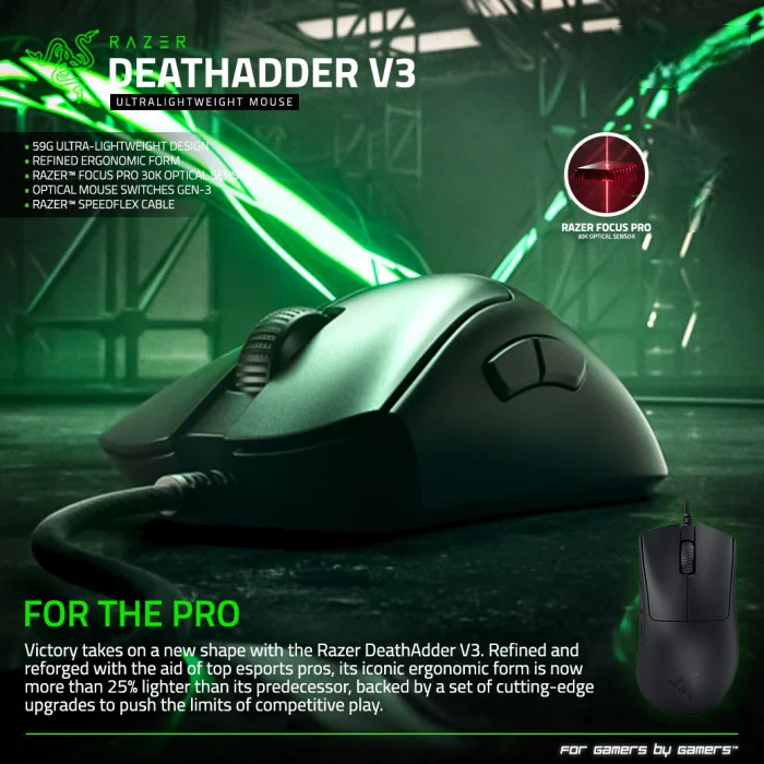 rzfrpp Razer DeathAdder V3 Pro Wireless Mouse Black With 90Hr Battery, 63G Ultra Lightweight, Focus Pro 30K Sensor, Gen-3 Optical Switches, HyperSpeed Wireless - Image 1