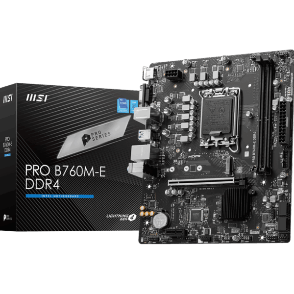MSI PRO B760M-E DDR4 Motherboard, Micro-ATX - Supports Intel 14th, 13th & 12th Gen Core Processors, LGA 1700 - DDR4 Memory Boost 4800+MHz/OC, PCIe 4.0 x16 Slot, M.2 Gen4 Slot