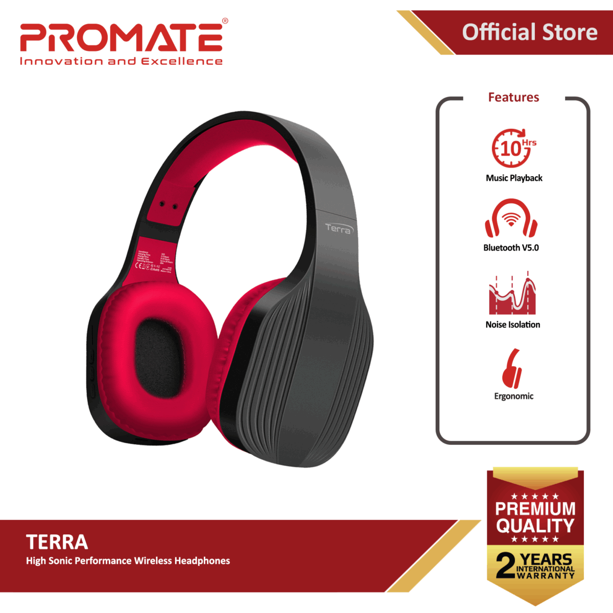 PROMATE TERRA HIGH SONIC WIRELESS HEADPHONES MAROON - Image 3