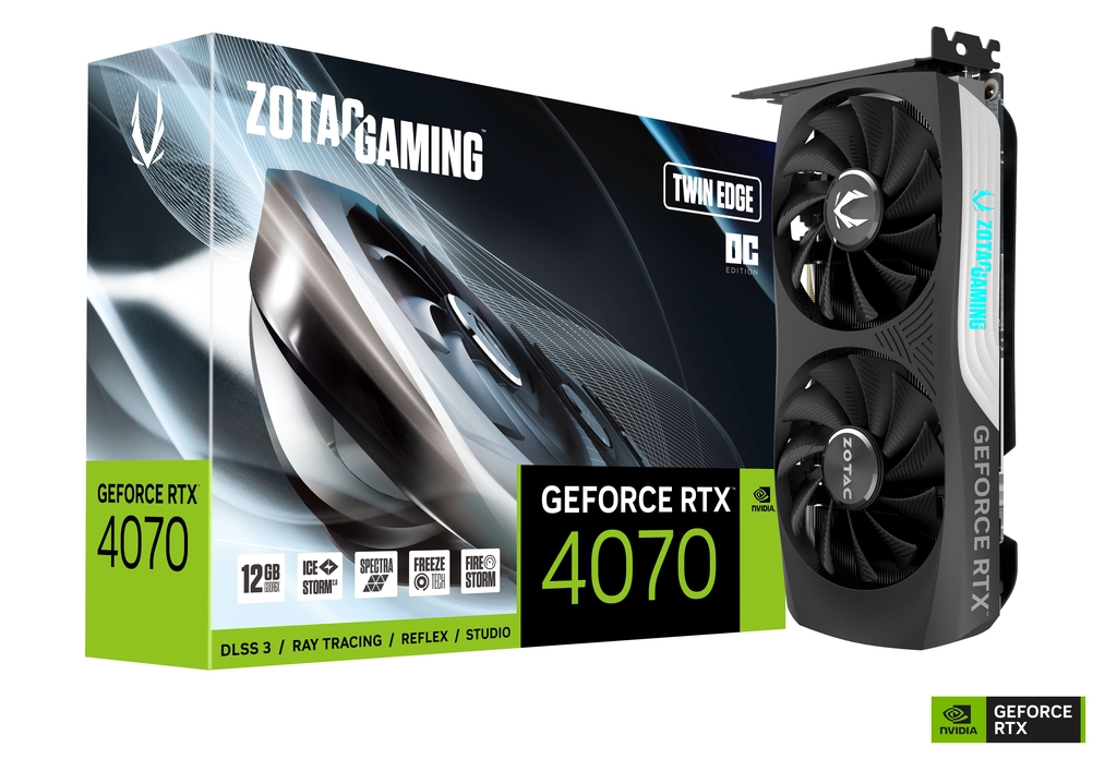 zt-d40700h-10m-image01 ZOTAC Gaming GeForce RTX 4070 Twin Edge OC DLSS 3 12GB GDDR6X 192-bit 21 Gbps PCIE 4.0 Compact Gaming Graphics Card, IceStorm 2.0 Advanced Cooling, Spectra RGB Lighting, ZT-D40700H-10M