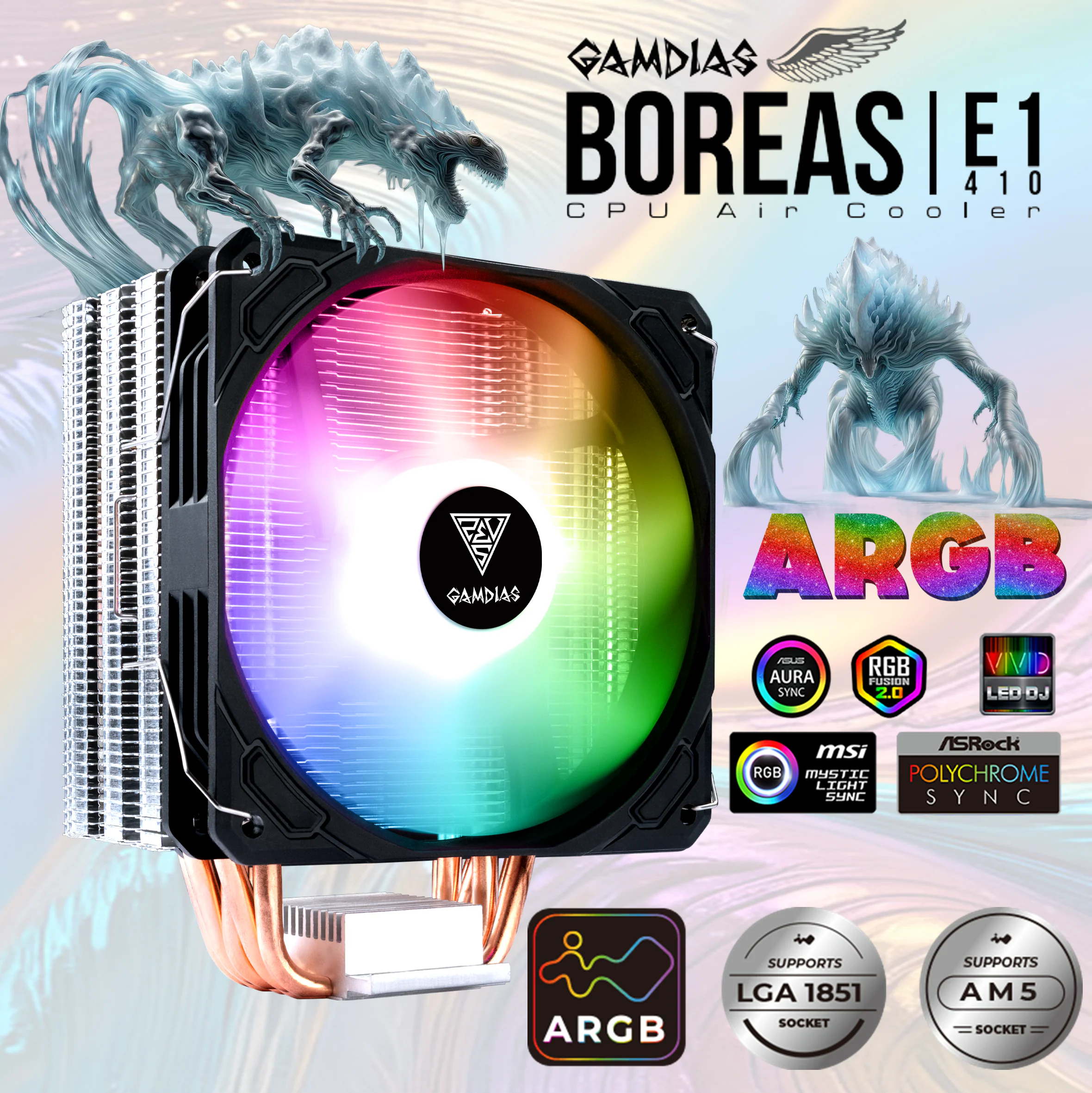 BOREAS-E1-410-BK GAMDIAS BOREAS E1-410 AIR COOLER ARGB FAN*1 120mm BLACK GAMDIAS Boreas E1-410 ARGB CPU Air Cooler With 4 Copper Heat Pipes, High Airflow PWM Fan, Customizable ARGB Lighting, Hydraulic Bearing, Universal Socket Kits | BLACK 