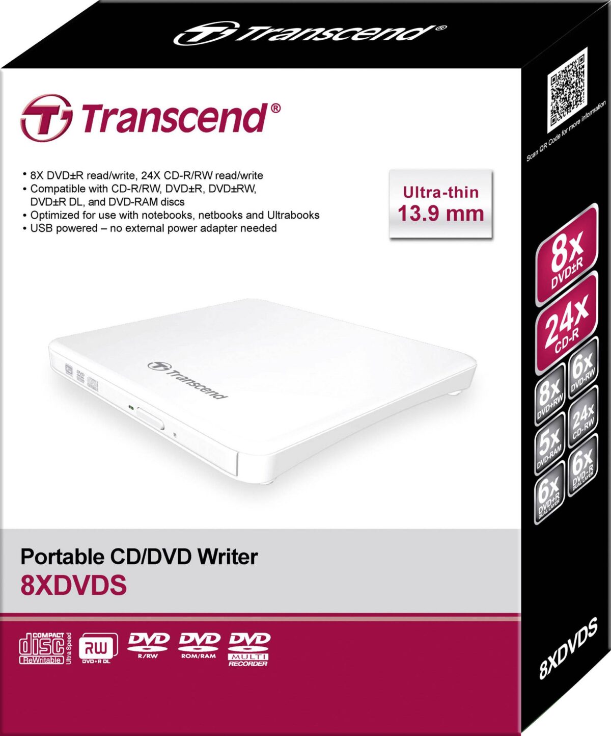 EXTERNAL TRANSCEND SLIM PORTABLE 8x DVD WRITER WHITE - Image 3