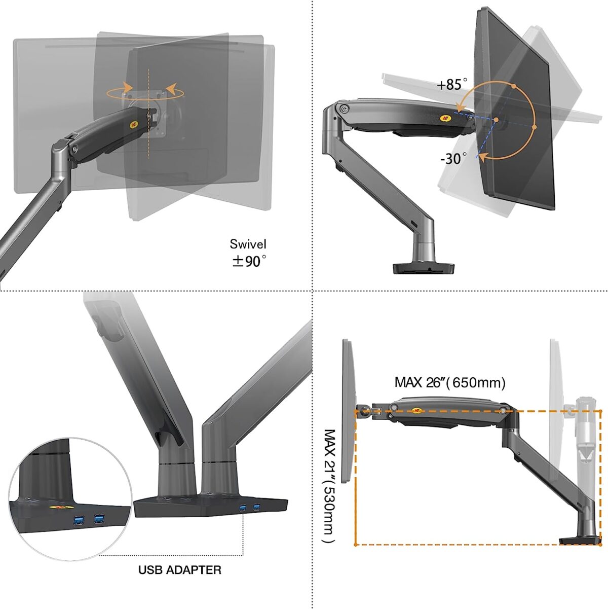 F195A Full Motion Dual LCD LED Monitor Mount Gas Spring Arm - WHITE COLOR - Image 5