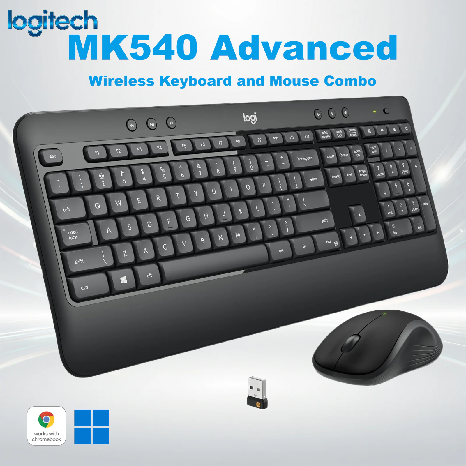 Logitech MK540 Advanced Wireless Keyboard and Mouse Combo for Windows, 2.4 GHz Unifying USB-Receiver LOGITECH KEYBOARD MK540 ADVANCED WIRELESS BLACK COMBO Logitech MK540 Advanced Wireless Keyboard & Mouse Combo, Full-Size Spill-Resistant Keyboard, Customizable Hotkeys, Ambidextrous 1000 DPI Mouse, 36/18 Month Battery Life, Supports Windows® & ChromeOS™ | BLACK