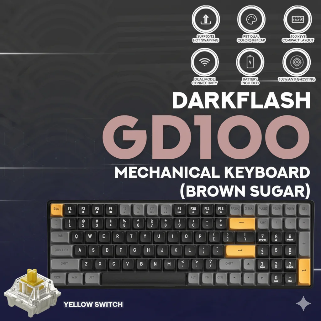 unnamed DarkFlash GD100 Mechanical Keyboard – 100 Keys, Brown Sugar Yellow & Blue Switch Options, Hot-Swappable, PBT Keycaps, USB-C Wired & 2.4GHz Wireless, 1200mAh Battery - Image 1