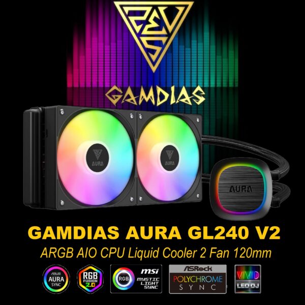 AURA-GL240-V2-B AURA GL240 V2 ARGB AIO CPU Liquid Cooler GAMDIAS AURA GL240 V2 ARGB AIO CPU Liquid Cooler , 240mm Radiator, 2 x 120mm PWM Fans, Cooling System w/ Hidden Cable Design, Rotatable Mirror Style ARGB Pump for Intel/AMD Ryzen - BLACK AURA-GL240-V2-B