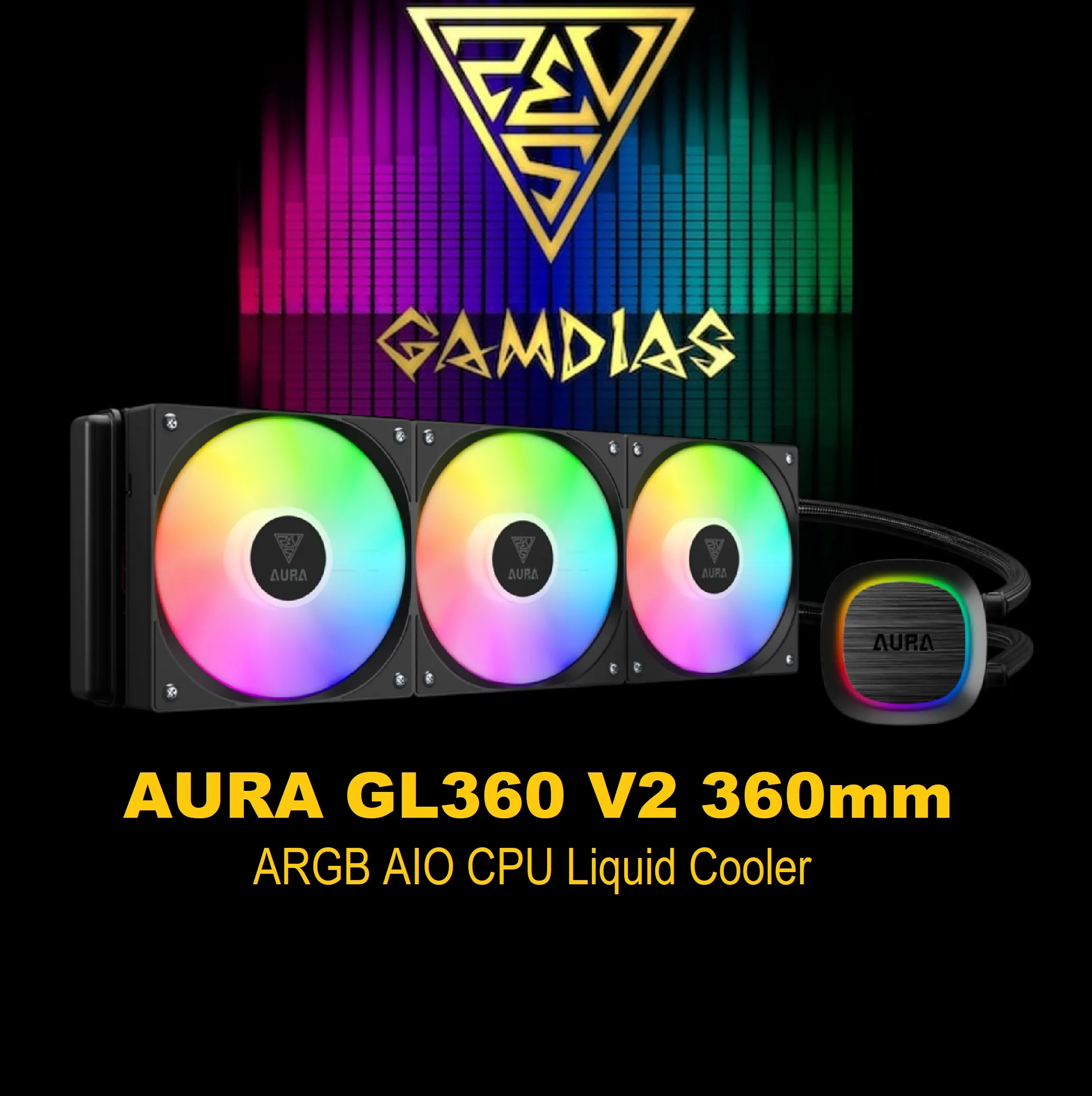 GAM-AURA-GL360-V2 GL360 V2 360mm ARGB AIO CPU Liquid Cooler GAMDIAS AURA GL360 V2 360mm CPU Liquid Cooler with 120 mm PWM Fans x3  , ARGB AIO Liquid Cooling System, Hidden Cable & Rotatable Mirror Style Pump, Intel LGA 1700/1200 & AMD AM5/AM4 | BLACK GAM-AURA-GL360-V2