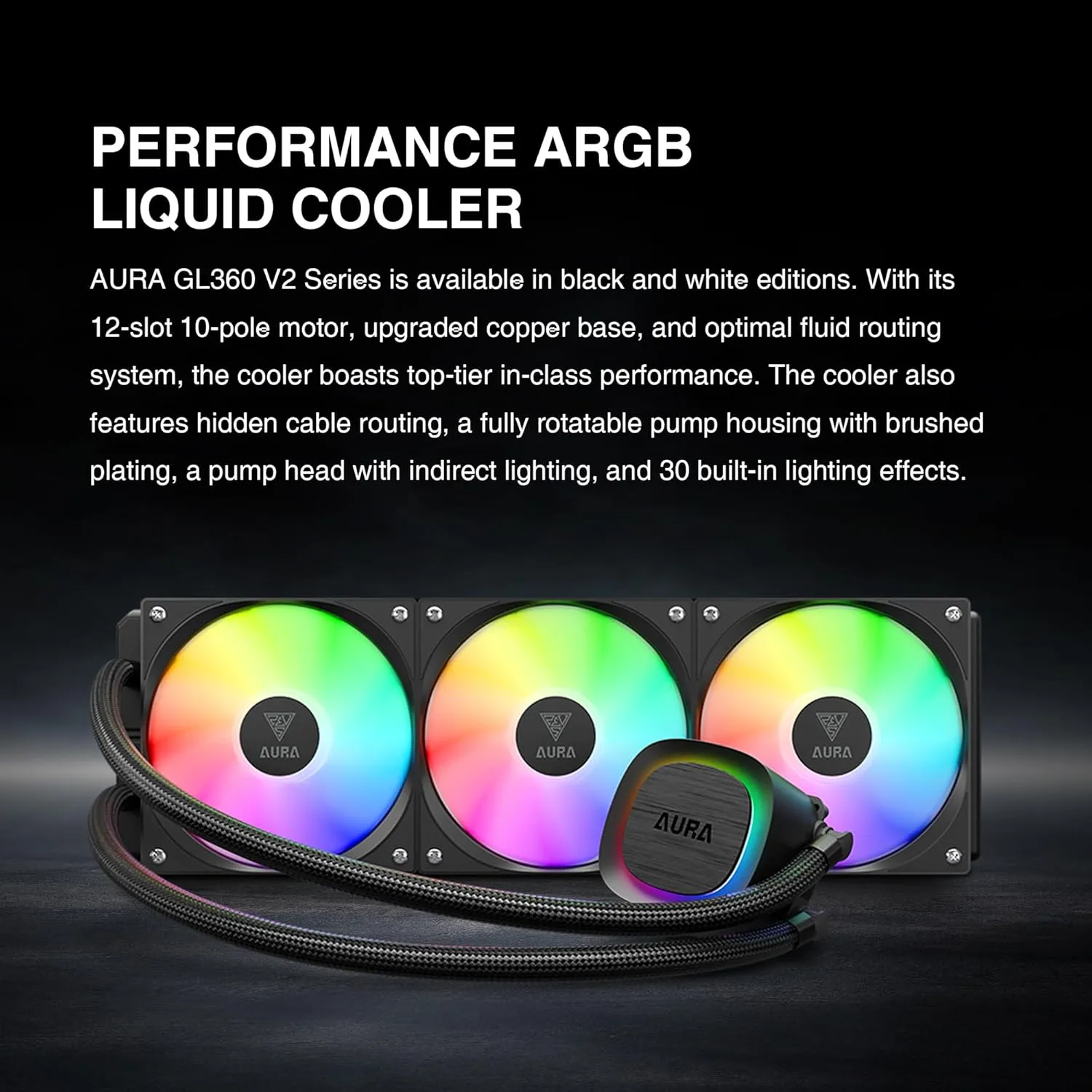GAM-AURA-GL360-V2 GL360 V2 360mm ARGB AIO CPU Liquid Cooler GAMDIAS AURA GL360 V2 360mm CPU Liquid Cooler with 120 mm PWM Fans x3  , ARGB AIO Liquid Cooling System, Hidden Cable & Rotatable Mirror Style Pump, Intel LGA 1700/1200 & AMD AM5/AM4 | BLACK GAM-AURA-GL360-V2