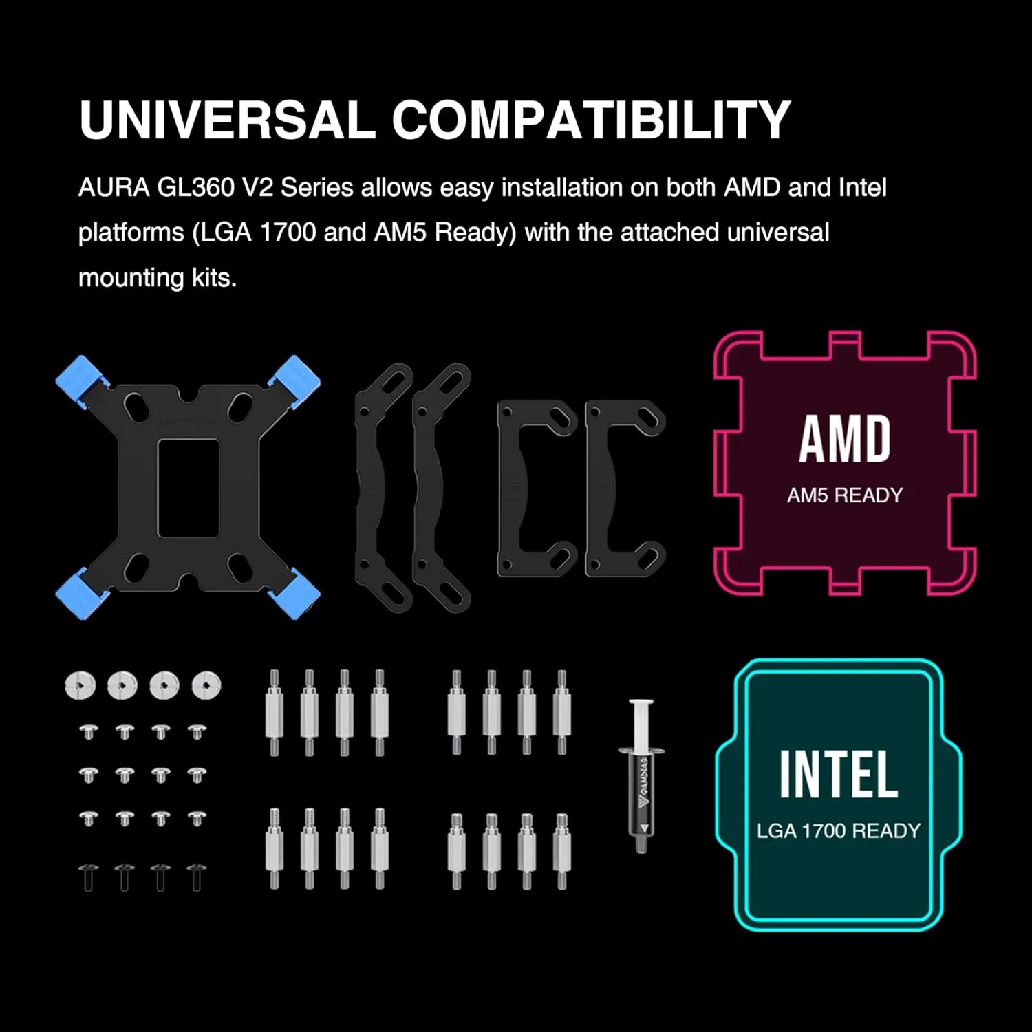 GAM-AURA-GL360-V2 GL360 V2 360mm ARGB AIO CPU Liquid Cooler GAMDIAS AURA GL360 V2 360mm CPU Liquid Cooler with 120 mm PWM Fans x3  , ARGB AIO Liquid Cooling System, Hidden Cable & Rotatable Mirror Style Pump, Intel LGA 1700/1200 & AMD AM5/AM4 | BLACK GAM-AURA-GL360-V2