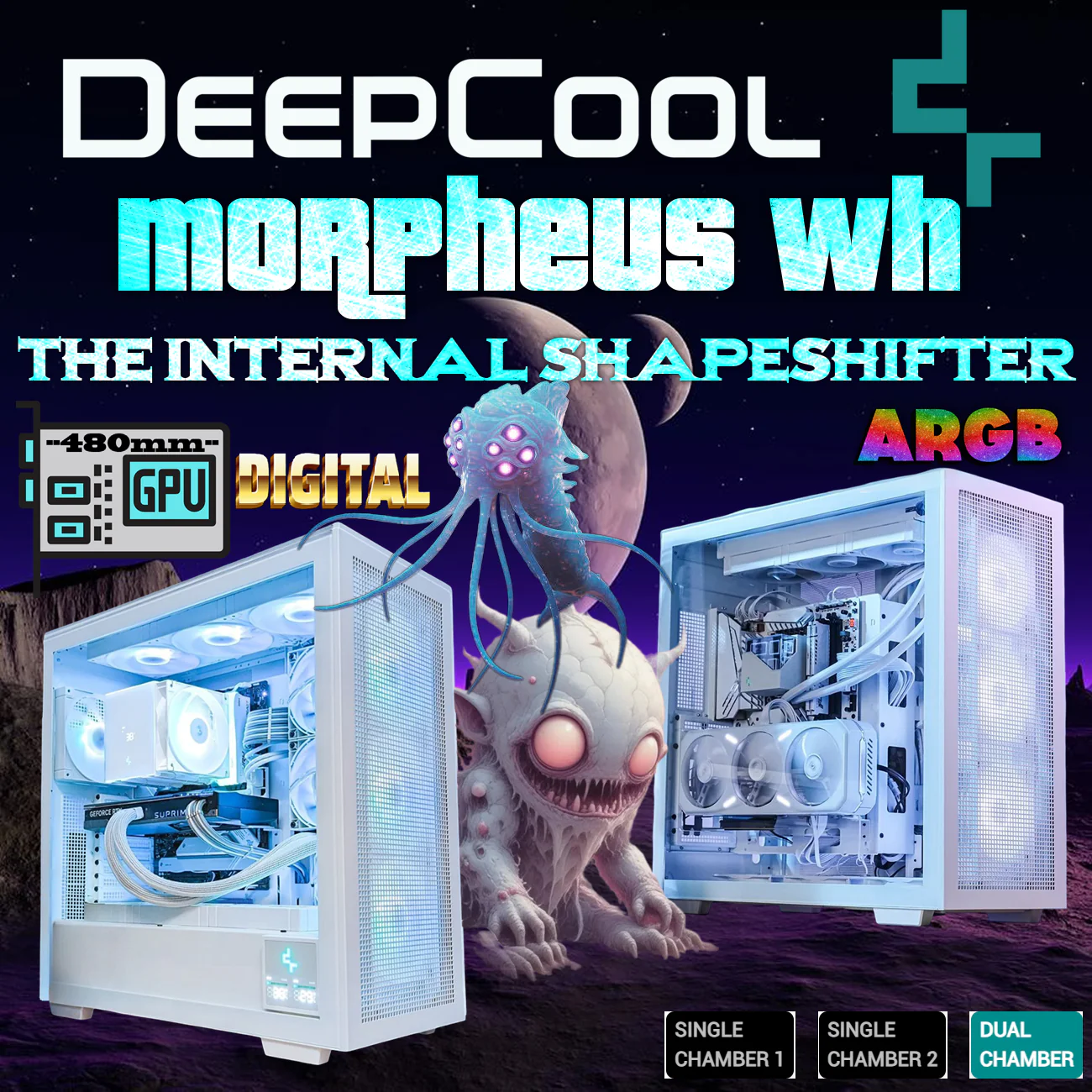 the MORPHEUS WH R-MORPHEUS-WHAPA1 DeepCool MORPHEUS WH Modular ATX Max Case With Dual/Solo Chambers, 420mm Radiator Support, 480mm GPU, ARGB Trinity Fans, USB-C Gen2, Dual Display, E-ATX Ready, PCIe 4.0 riser cable & Vertical GPU mount | WHITE