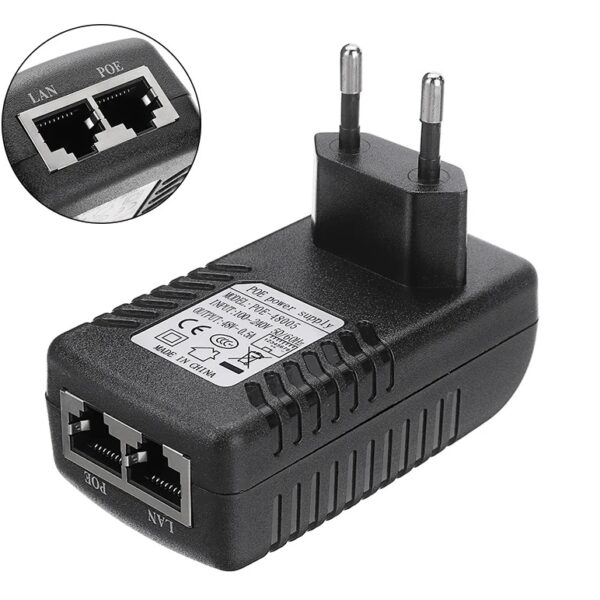 PoE Injector 48 V 0.5 A RJ45 Power Supply Ethernet Adapter EU Wall Plug for Telephone, Camera and Much More, Power Over Ethernet Injector, Black, 24 W, 802.3Af, POE Power Supply
