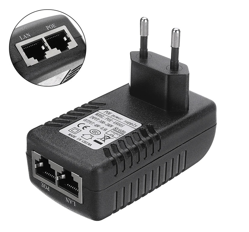 PoE Injector 48 V 0.5 A RJ45 Power Supply Ethernet Adapter EU Wall Plug for Telephone, Camera and Much More, Power Over Ethernet Injector, Black, 24 W, 802.3Af, POE Power Supply