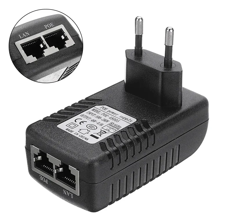 PoE Injector 48 V 0.5 A RJ45 Power Supply Ethernet Adapter EU Wall Plug for Telephone, Camera and Much More, Power Over Ethernet Injector, Black, 24 W, 802.3Af, POE Power Supply