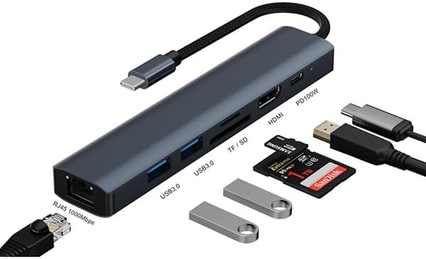 7 in 1 Docking Station, USB C Hub with 3 USB 3.0 Port, 4K HDMI, 1Gbps RJ45 Ethernet, SD/TF Card Reader & 100W PD - Plug and Play, USB Adapter Ethernet for MacBook Pro/Air