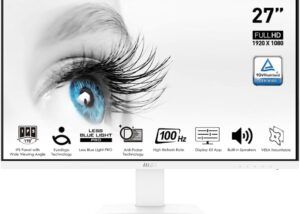 MSI Pro MP273AW, 27" Monitor, 1920 x 1080 (FHD), IPS, 100Hz, TUV Eyesight Protection, 4ms, Displayport, HDMI, Tilt, White MSI 27" Monitor FHD 100Hz 4ms