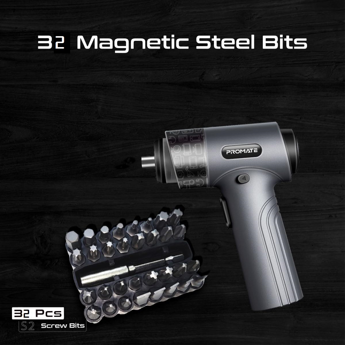 32 Magnetic S2 Bits: This cordless electric screwdriver comes with 32 Magnetic high-quality S2 Steel Bits with a double anti-corrosion layer that makes it durable against wear