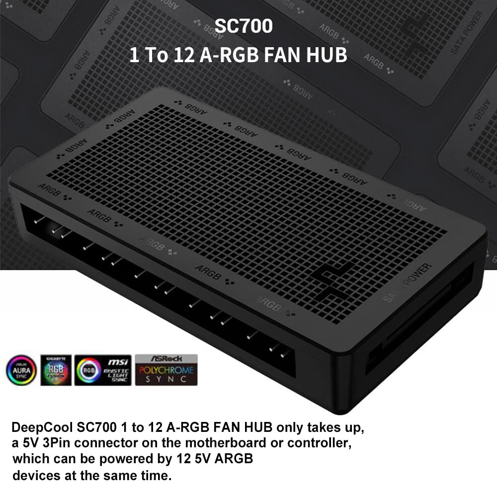 DeepCool SC700 ARGB Hub, 12 Ports x 3Pin Addressable RGB, Magnetic Mounting, ARGB-3Pin Port, 6A Max Power Safety Currant, 5V DC Voltage, SATA Power Connector, Black R-SC700-BKNSNN DeepCool ARGB Hub 12 Ports 3Pin