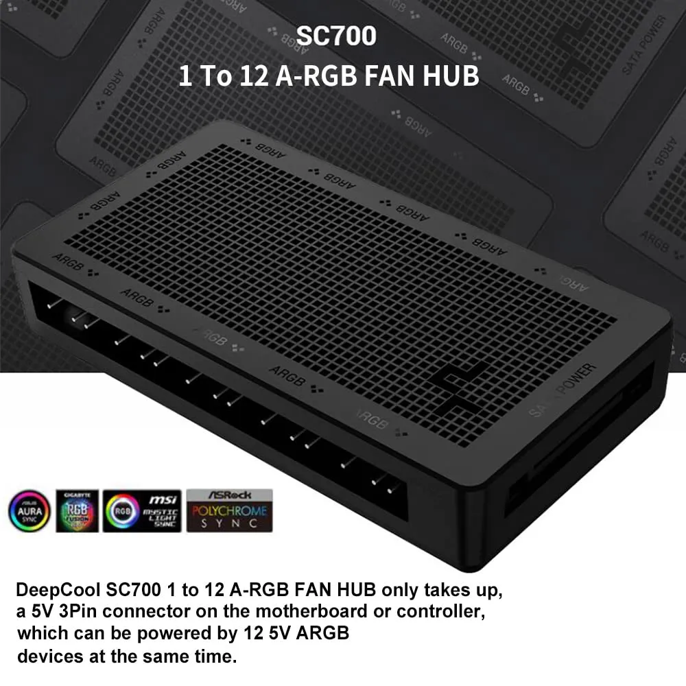 DeepCool SC700 ARGB Hub, 12 Ports x 3Pin Addressable RGB, Magnetic Mounting, ARGB-3Pin Port, 6A Max Power Safety Currant, 5V DC Voltage, SATA Power Connector, Black R-SC700-BKNSNN DeepCool ARGB Hub 12 Ports 3Pin