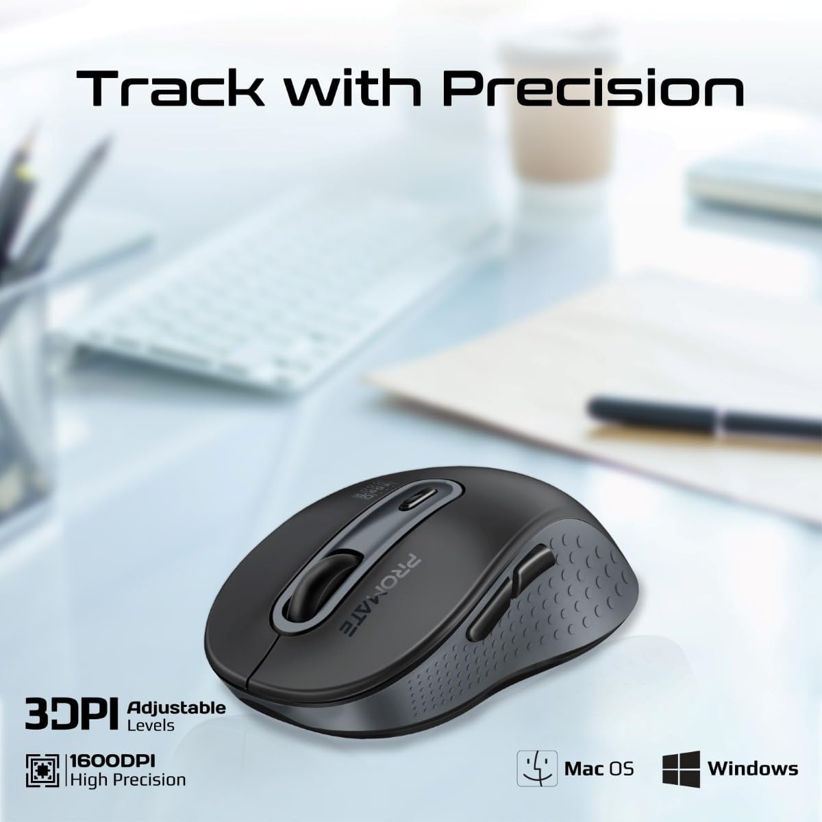 Promate Wireless Mouse, Ergonomic Ambidextrous with Dual Mode Connectivity, Bluetooth v5.3, 2.4Ghz Transmission, Adjustable 1600DPI, 150H Working Time, Ken Wireless Mouse Ergonomic Ambidextrous Dual Mode