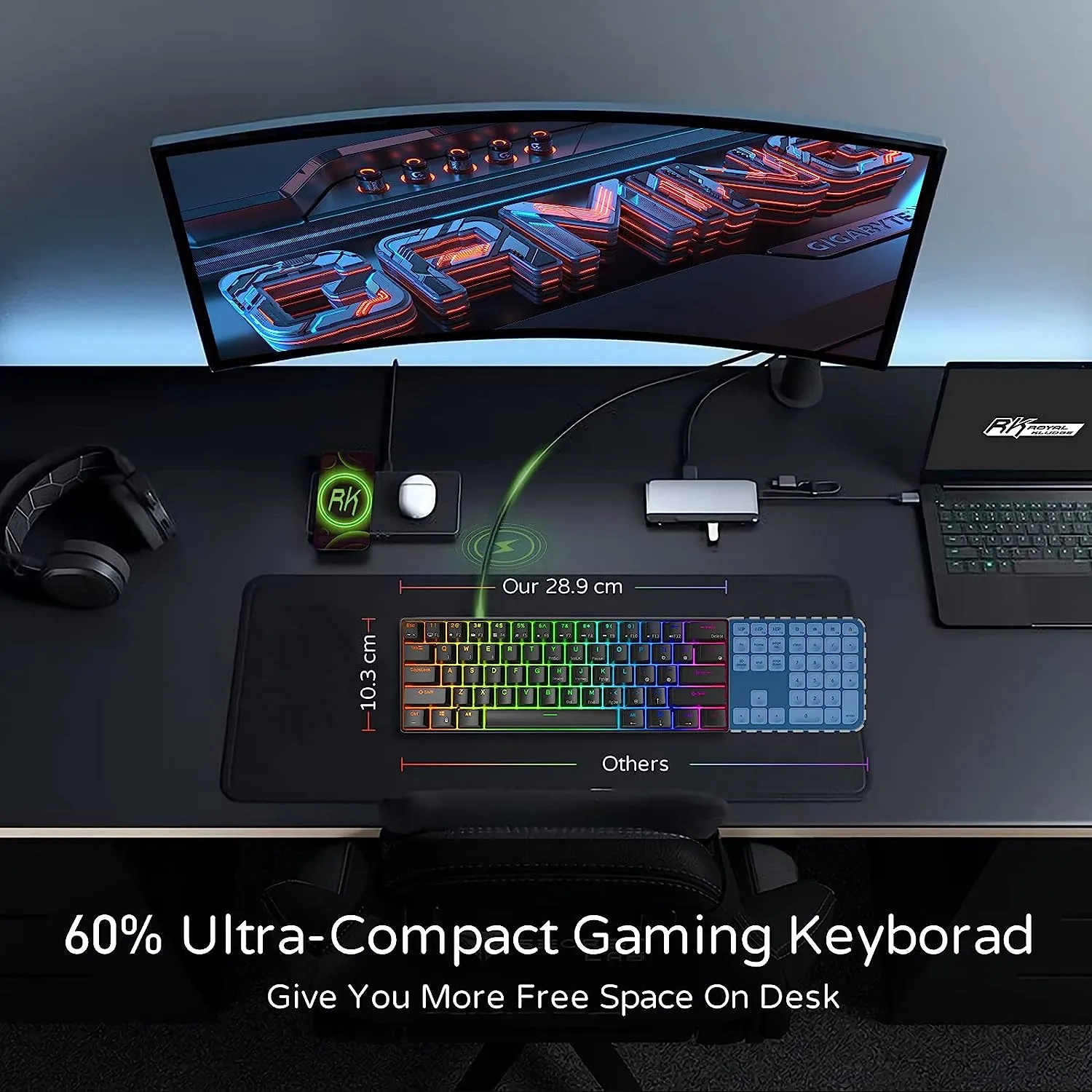 RK ROYAL KLUDGE RK61 61 Keys Mechanical Keyboard , 3 Connection Modes USB-2.4Ghz/Bluetooth/Wired/ Wireless - RGB Hot Swappable Blue Switch Gaming Keyboard - Arabic / English - BLACK