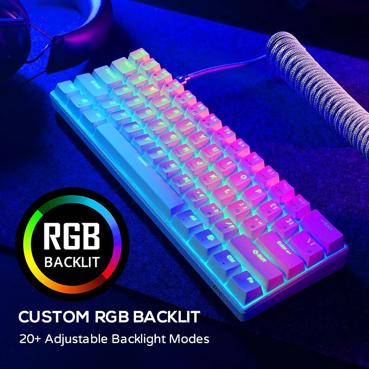 716jWBncP9L._AC_SL1500_ RK ROYAL KLUDGE RK61 61 Keys Mechanical Keyboard , 3 Connection Modes USB-2.4Ghz/Bluetooth/Wired/ Wireless - RGB Hot Swappable Brown Switch Gaming Keyboard - Arabic / English - White