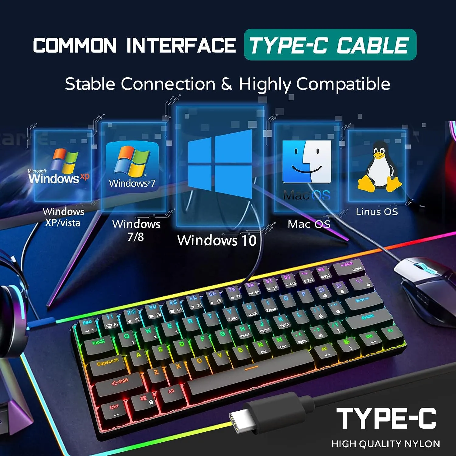 RK ROYAL KLUDGE RK61 61 Keys Mechanical Keyboard , 3 Connection Modes USB-2.4Ghz/Bluetooth/Wired/ Wireless - RGB Hot Swappable Blue Switch Gaming Keyboard - Arabic / English - BLACK