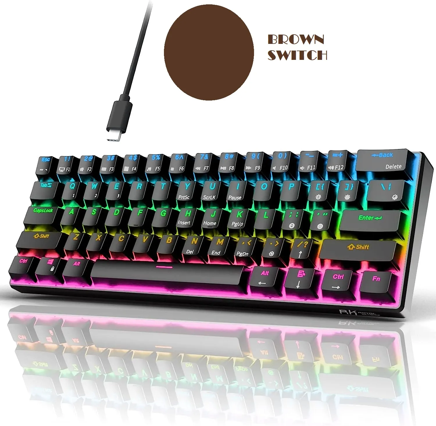 RK ROYAL KLUDGE RK61 61 Keys Mechanical Keyboard , 3 Connection Modes USB-2.4Ghz/Bluetooth/Wired/ Wireless - RGB Hot Swappable BROWN Switch Gaming Keyboard - Arabic / English - BLACK