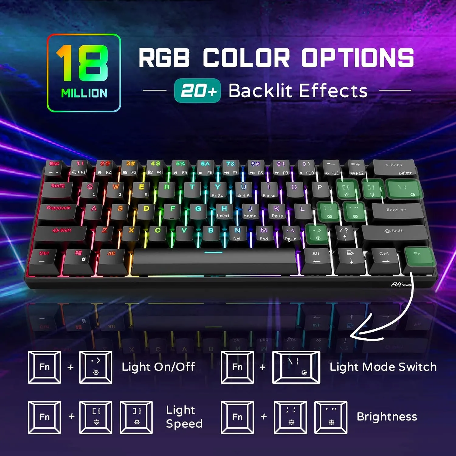 RK ROYAL KLUDGE RK61 61 Keys Mechanical Keyboard , 3 Connection Modes USB-2.4Ghz/Bluetooth/Wired/ Wireless - RGB Hot Swappable BROWN Switch Gaming Keyboard - Arabic / English - BLACK