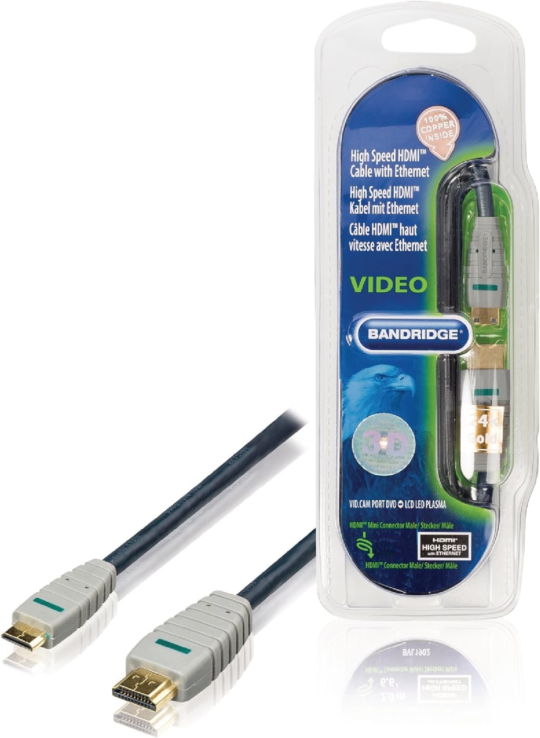 BANDRIGE VIDEO - Mini HDMI to HDMI Cable, High Speed Supports Ethernet 3D ,Audio Return 1080P and Audio Return - 3 meters - Gold Plated - FROM EXPERT ZONE Mini HDMI Cable Ethernet 3D Audio-Return