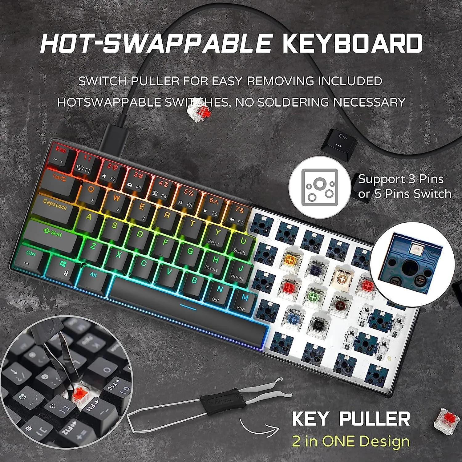 RK ROYAL KLUDGE RK61 61 Keys Mechanical Keyboard , 3 Connection Modes USB-2.4Ghz/Bluetooth/Wired/ Wireless - RGB Hot Swappable Blue Switch Gaming Keyboard - Arabic / English - BLACK