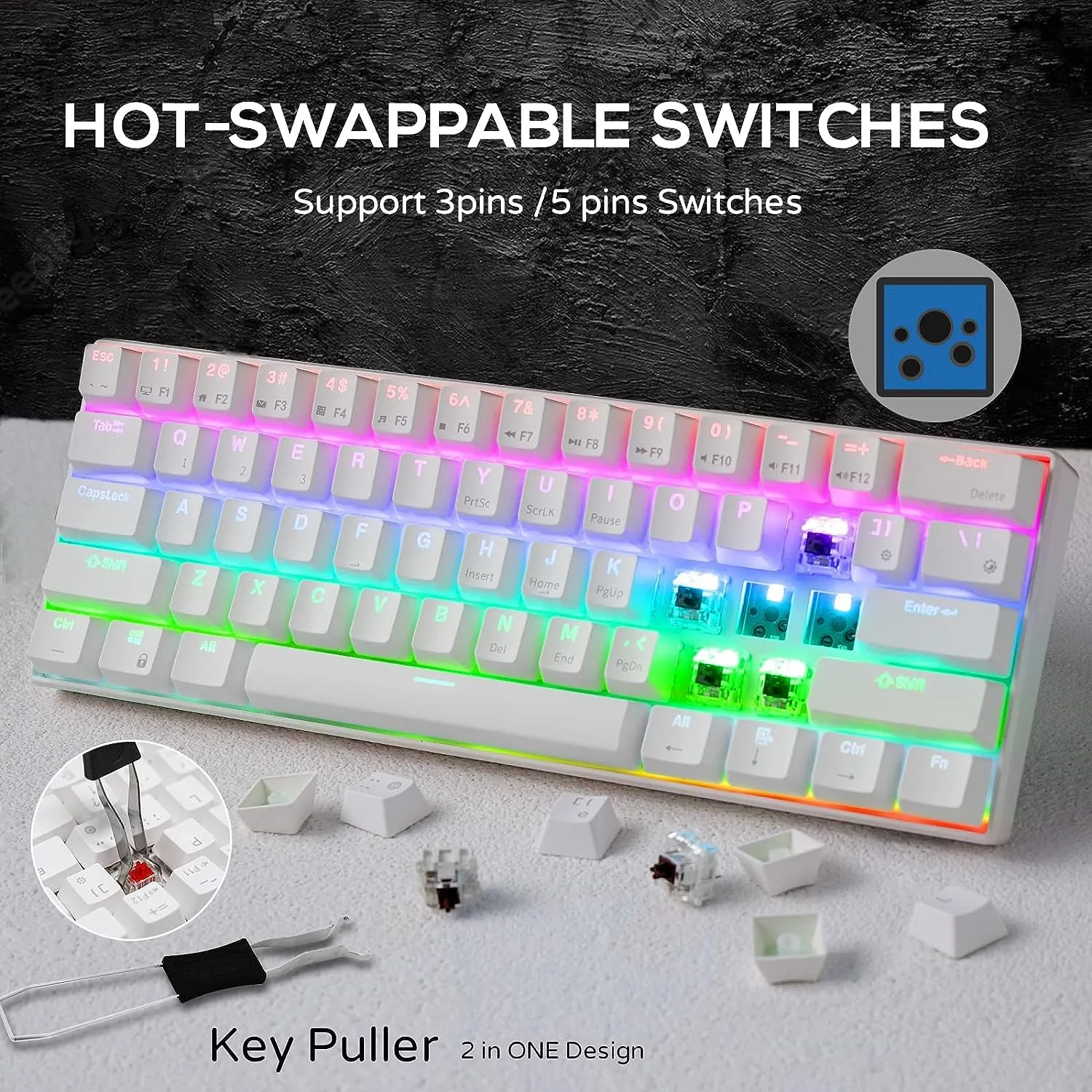 81ThUS0LlSL._AC_SL1500_ RK ROYAL KLUDGE RK61 61 Keys Mechanical Keyboard , 3 Connection Modes USB-2.4Ghz/Bluetooth/Wired/ Wireless - RGB Hot Swappable Brown Switch Gaming Keyboard - Arabic / English - White